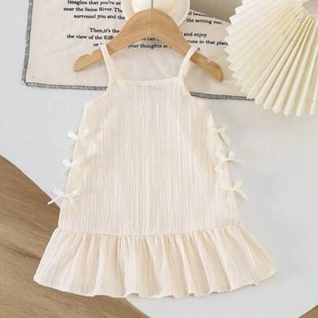 SHEIN 1pc Baby Girls Sleeveless Spaghetti Strap Dress, Sweet Lady Style Pleated Soft Material Bowknot Short A-Line Ruffled Hem Dress, Casual Wear For Daily,