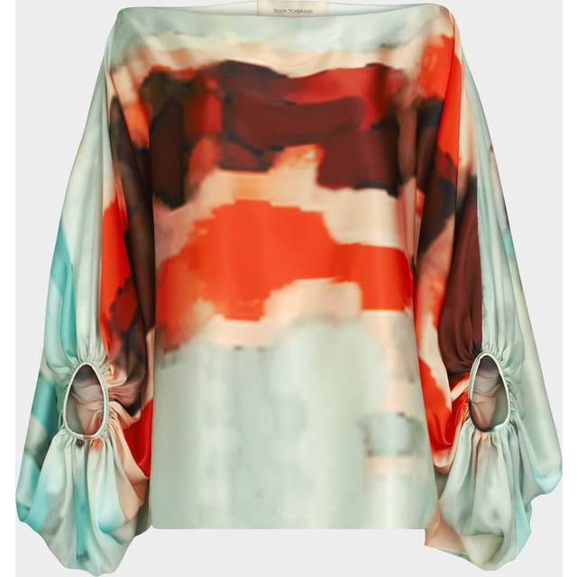 Bellagio Balloon-Sleeve Off-The-Shoulder Silk Blouse - AQWTRCLR - Medium