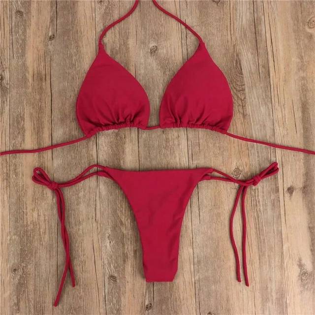 (Wine Red, M) Women Thong Bikini Set Side Lace-up Sexy Swimsuit Bandage Neck Tie Swimwear Adjustable Brazilian Style Bikini Underwear
