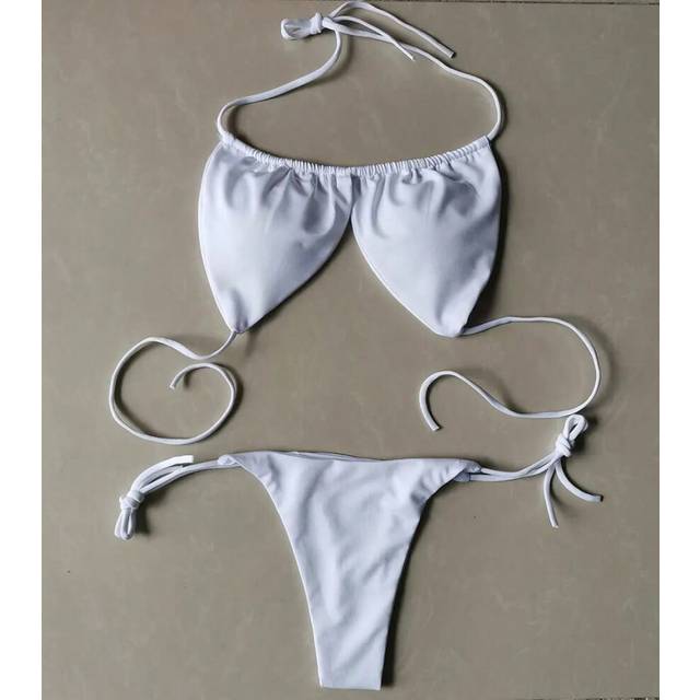 (white, M) Summer Sexy Bikini set Push-up padded Bra Thong Split Swimwear Female Bandage Bathing Suit Adjustable Lacing Swimsuit Solid
