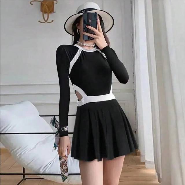 (white long, L) Sexy One Piece Black Swimsuit Women High Waist Bathing Suit Conservative Swimwear Monokini Short Sleeve Korean Padded Beach Wear