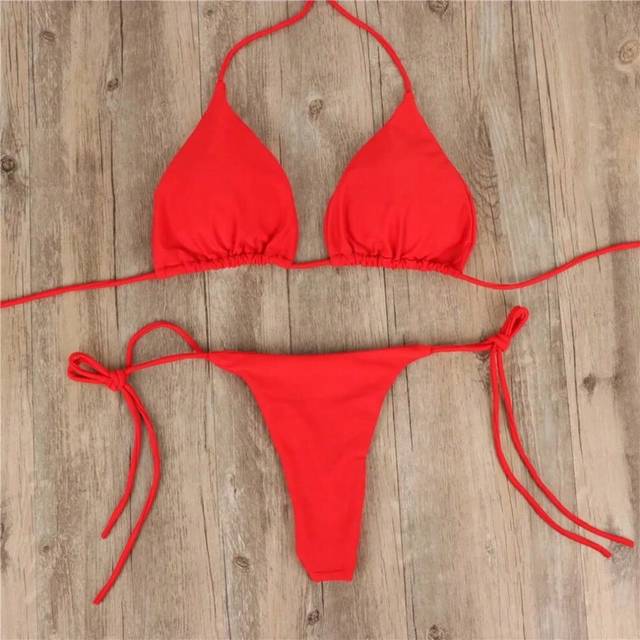 (Red, XL) Women Thong Bikini Set Side Lace-up Sexy Swimsuit Bandage Neck Tie Swimwear Adjustable Brazilian Style Bikini Underwear