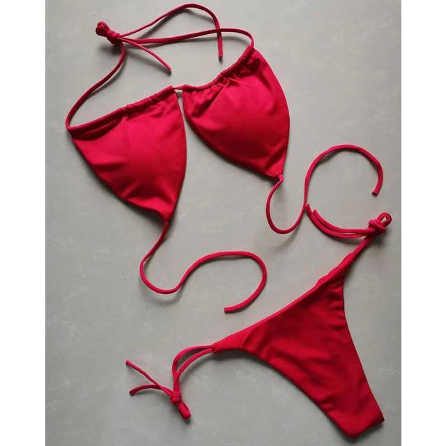 (red, XL) Summer Sexy Bikini set Push-up padded Bra Thong Split Swimwear Female Bandage Bathing Suit Adjustable Lacing Swimsuit Solid