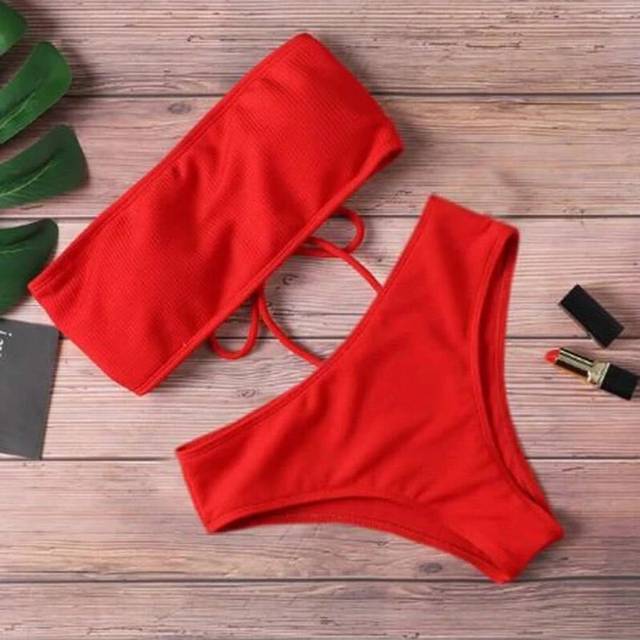 (Red, S) 2024 New Bikini High Waist Strapless Sexy Bikini Women Swimwear Women  Fashion Swimsuit Padded Bathing Suit Monokin Pure Color