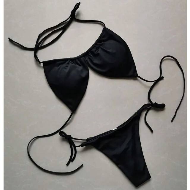 (black, M) Summer Sexy Bikini set Push-up padded Bra Thong Split Swimwear Female Bandage Bathing Suit Adjustable Lacing Swimsuit Solid