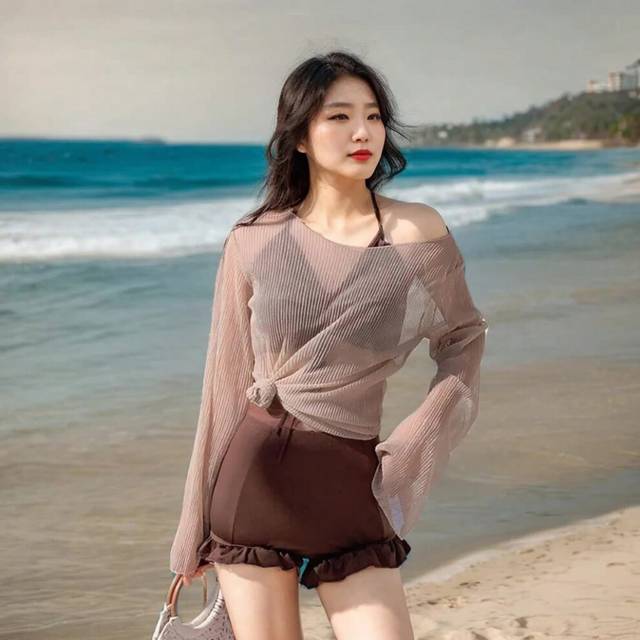(B brown 3pcs, M) Swimming Suit for Women Solid Color Slimming One-piece Dress Style Conservative Waist Tightening Slimming Vacation Swimsuit