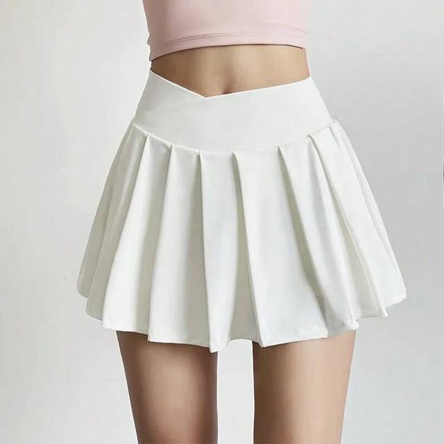 (white, L) Sports short skirt women summer anti-walk yoga pants running fitness clothes quick dry breathable high waist pleated skirt