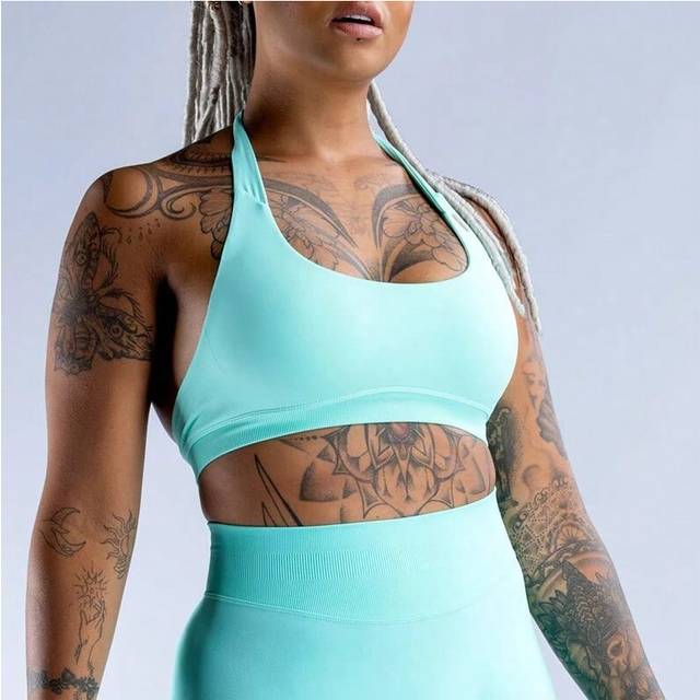 (Mint Green, L) Impact Sports Bra Women Halter Neck Strap Seamless Yoga Bra Padded Backless Fitness Top Gym Crop Top Workout Yoga Top Sportswear