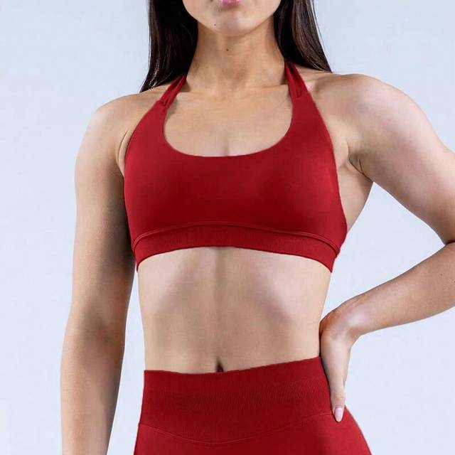 (Wine Red, M) Impact Sports Bra Women Halter Neck Strap Seamless Yoga Bra Padded Backless Fitness Top Gym Crop Top Workout Yoga Top Sportswear