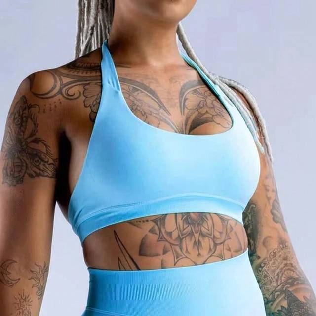 (Light Blue, XL) Impact Sports Bra Women Halter Neck Strap Seamless Yoga Bra Padded Backless Fitness Top Gym Crop Top Workout Yoga Top Sportswear