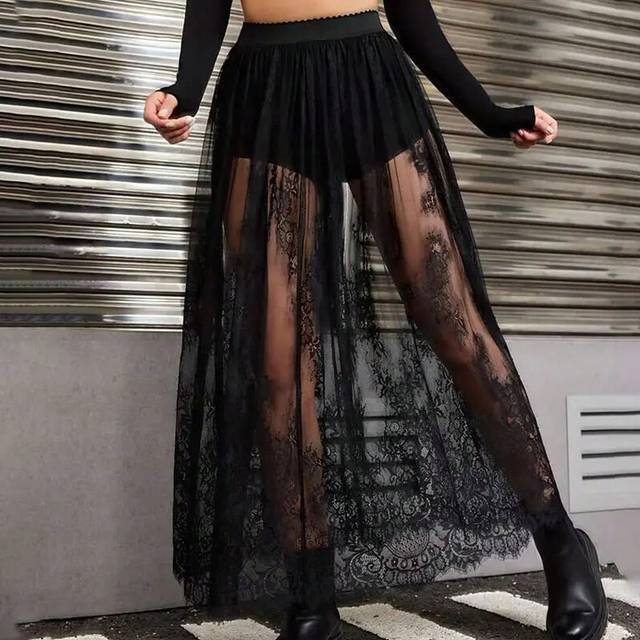 (Black, XXL) Elegant Party Evening Sexy Dress Lace Dresses for Women 2024 See Through Maxi Dress Bodycon Gothic Lolita Fashion Black Skirt