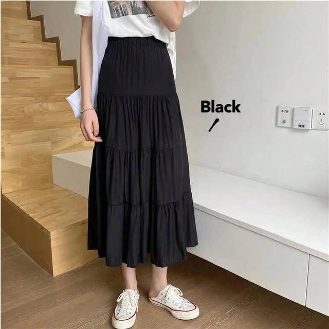 (black, One Size) Spring Summer Women Chiffon Skirts Vintage High Waist Elastic Patchwork White Black Chic Long Cake A-line Skirt for Student