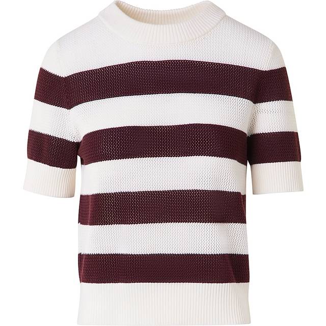 Striped Cool Wool Mesh Knit Short-Sleeve Sweater - CREAM-BLACKBERRY - 8