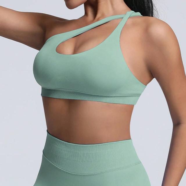 (Palm Green, S) VEQKING Seamless Single Shoulder Women Yoga Bras Push Up Sports Crop Tops Open Back Gym Fitness Bra with Pads Quick Dry Workout