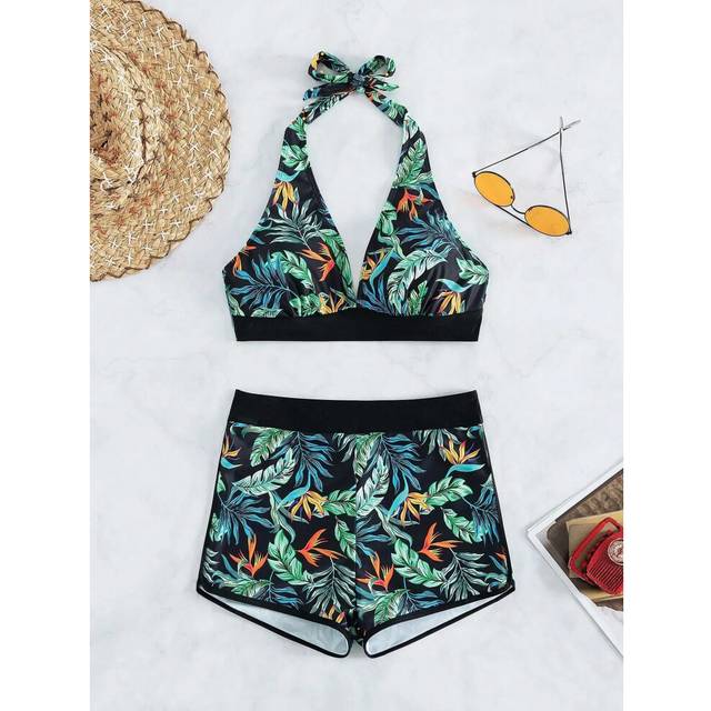 (Black, S) 2025 Halter Bikini Set Short Swimsuit Women High Waist Swimwear Female Printed Bathers Swimming Bathing Swim Suit Beachwear