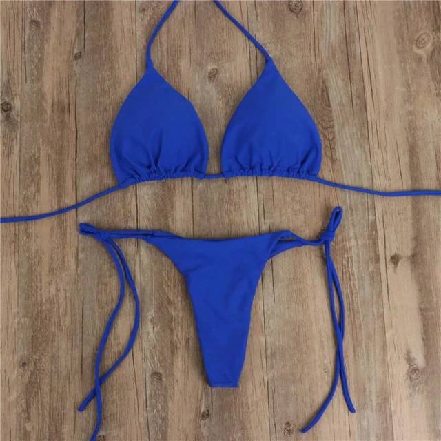 (Blue, XL) Beach Style Swimsuit for Women Sexy Halter Swimwear Solid Thong Female Bikini Set Bathing Suit Bikini Mujer Lingerie