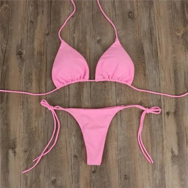 (Pink, L) Beach Style Swimsuit for Women Sexy Halter Swimwear Solid Thong Female Bikini Set Bathing Suit Bikini Mujer Lingerie