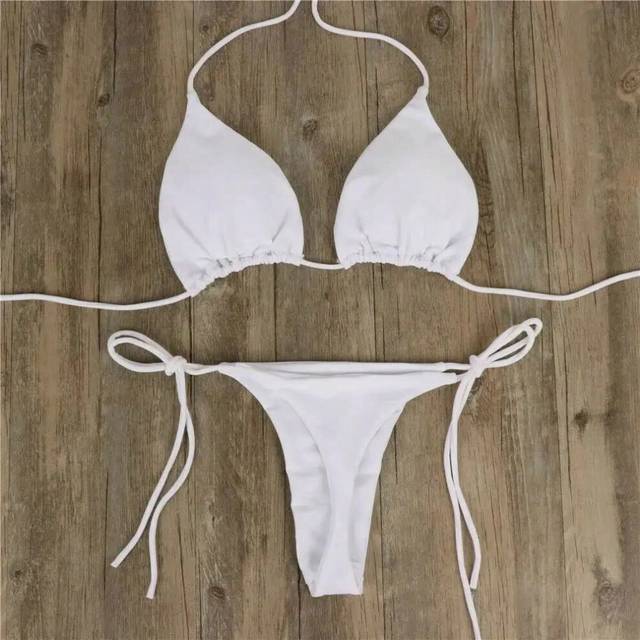 (White, M) Beach Style Swimsuit for Women Sexy Halter Swimwear Solid Thong Female Bikini Set Bathing Suit Bikini Mujer Lingerie