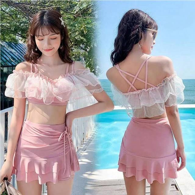 (Pink, M [37.50 kg-47.50 kg]]) Sexy Lace Fairy Style Bikini Set Women's Two-Piece Swimsuit Korean INS Flat Skirt Design Separate Swimwear Sensual Fema