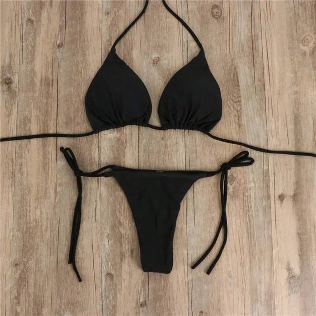 (Black, M) Beach Style Swimsuit for Women Sexy Halter Swimwear Solid Thong Female Bikini Set Bathing Suit Bikini Mujer Lingerie