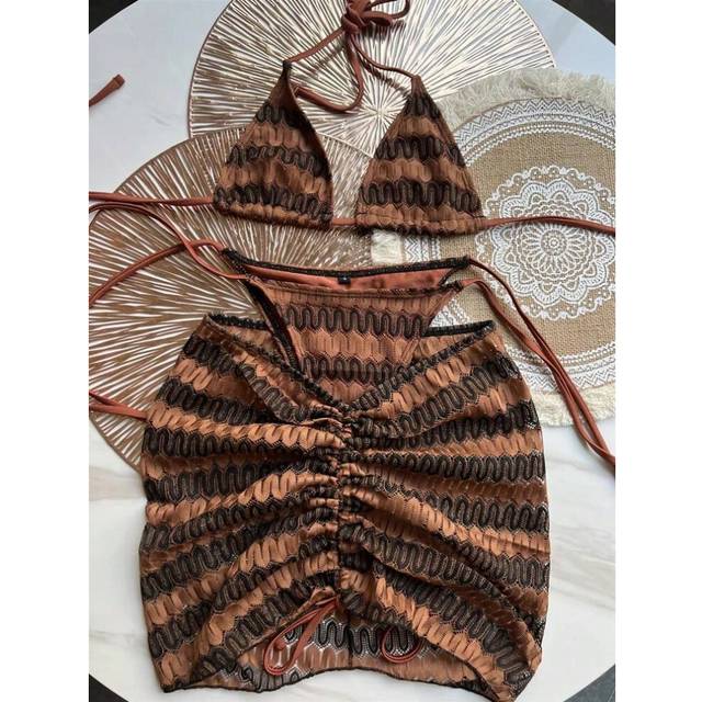 (brown, XL) Women Swimsuit Knitted Bikini Skirt Three-Piece Set Split Swimsuit Bikini