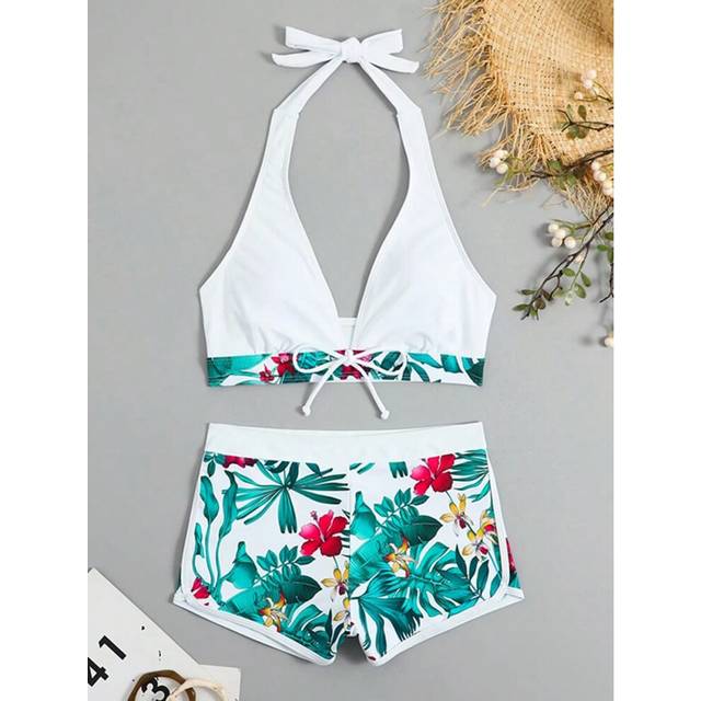 (BAI2, L) 2025 Halter Bikini Set Short Swimsuit Women High Waist Swimwear Female Printed Bathers Swimming Bathing Swim Suit Beachwear
