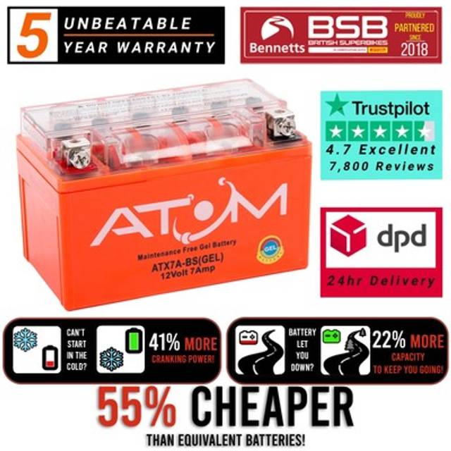 Atom atx7a-bs gel motorcycle battery for hyosung rx 125 sm 07-09