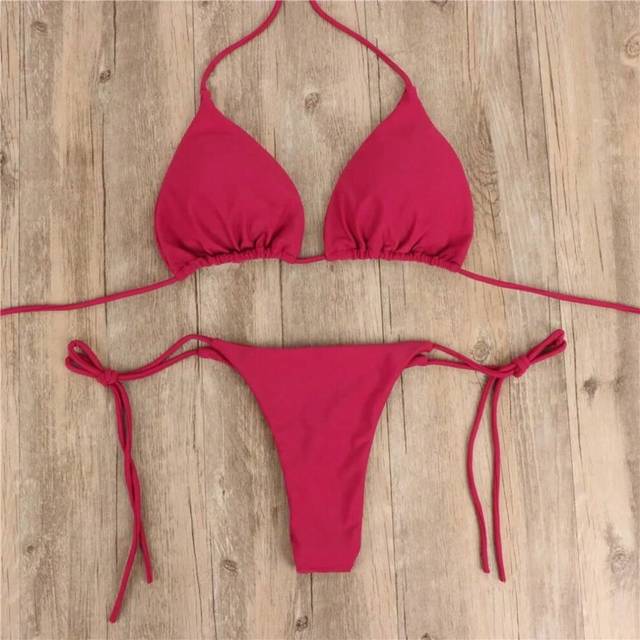 (Wine Red, L) Beach Style Swimsuit for Women Sexy Halter Swimwear Solid Thong Female Bikini Set Bathing Suit Bikini Mujer Lingerie