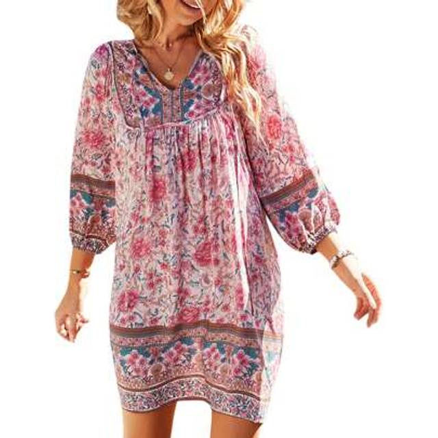 SHEIN Plus Size Womens Summer Short Beachwear Dress Long Sleeve V Neck Boho Vintage Floral Dress