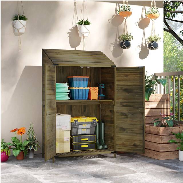 Outsunny Wooden Garden Storage Shed w/Double Doors and Shelves, Green, Green