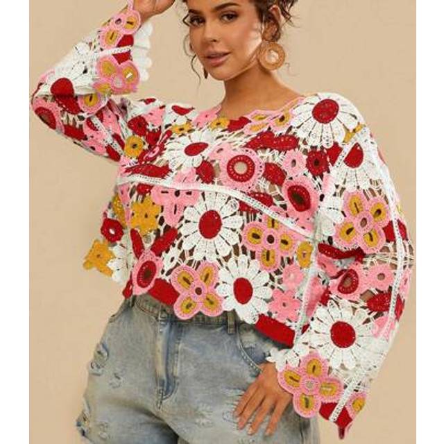 Travachic Plus Size Loose Tropical Crochet Floral Patchwork Cut-Out Long Sleeve Casual Blouse For Women Woman S Summer Clothes