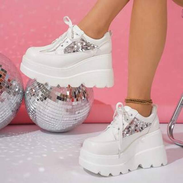 SHEIN Women&#39;s Breathable Mesh Lace-Up Platform Sneakers, Thick Sole Outdoor Fashionable Casual Punk Shoes, New Spring/Autumn 2024