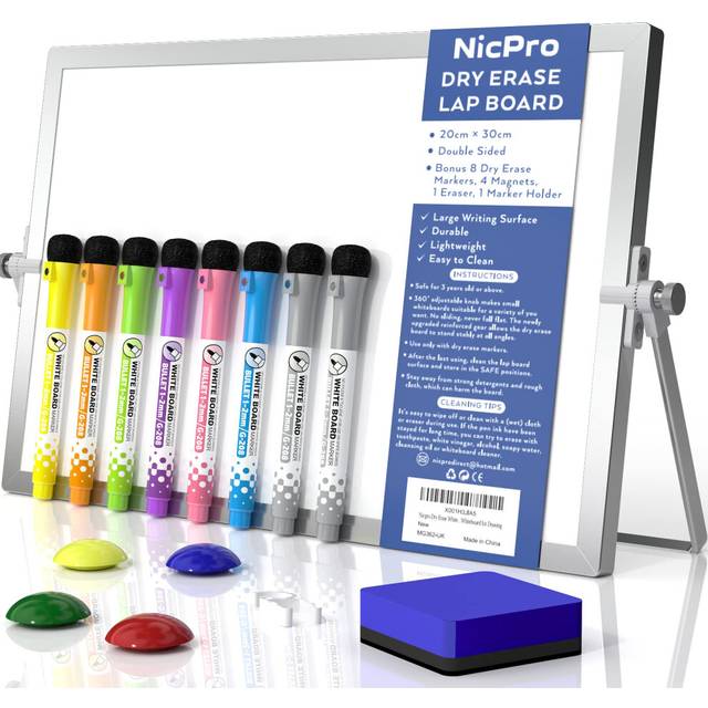 Nicpro Dry Erase Mini Whiteboard A4, 20 x 30 cm Double Sided Small Magnetic Desktop White Board with Stand, 8 Pens, 1 Eraser,4 Magnet, Portable Board