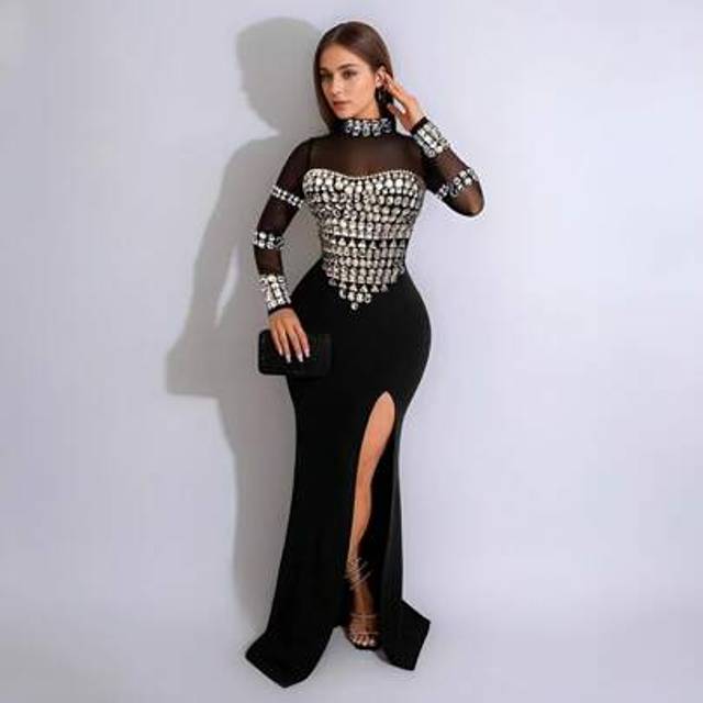 SHEIN Elegant Women Full Sleeve Rhinestone Mesh High Side Split Mermaid Maxi Long Prom Dress Evening Sexy Party Wedding Guest Dress ,Gown,Formal