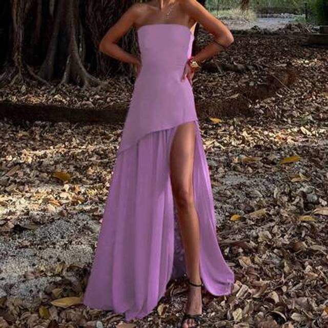 SHEIN Women&#39;s Solid Color Bandeau Mesh Splice Hem Cocktail Party Dress, Formal, Gown, For Evening, Wedding Guest