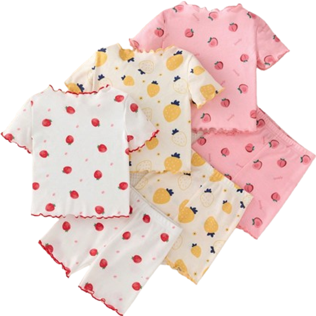 SHEIN 6pcs Baby Girl Cute Strawberry Pattern Ruffle Trim Round Neck Short Sleeve Top And Shorts Knit Soft Comfortable Summer Pajama Set