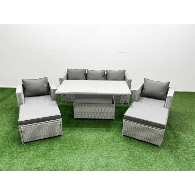 6 PCs Rising Dining Table Set Rattan Furniture Set with 2 Big Footstools - Light Grey - One Size