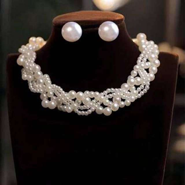 SHEIN 3pcs/Set Luxury Wrapped Pearl Necklace And Earrings Women Jewelry Set, Suitable For Daily Wear