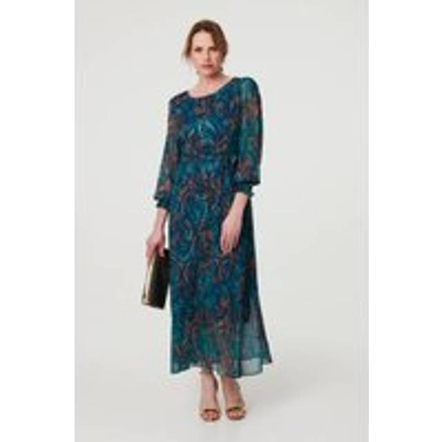 Abstract Long Sheer Sleeve Maxi Dress - Green - Size 8 - Izabel London