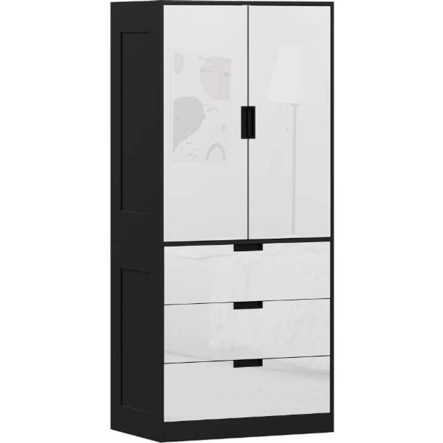 Homcom 2 door wardrobe white wardrobe with 3 drawer and hanging rod for bedroom