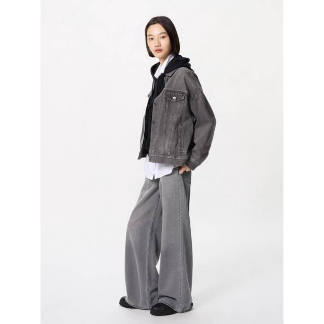 (06 GRAY/25) Uniqlo Japan Drape Wide Flare Jeans Long