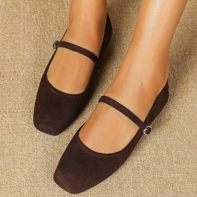 SHEIN Velvet Mary Jane Square Toe Flat Shoes, Coffee Color