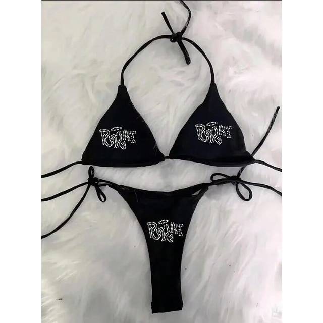(black, M) Vintage Spliced Diamond Bikini Set Swimwear Women Sexy Triangle Lace Up Micro Bikini Summer 2025 New Swimsuit Bikini Two Piece