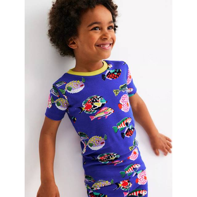 Mini Boden Kids' Snug Short Pyjama Set, Blue Heron Fish