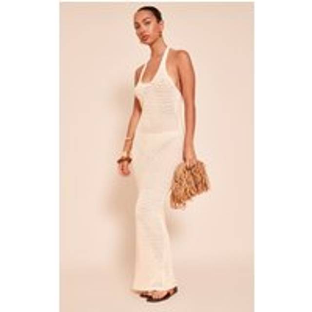 Cream Crochet Halter Maxi Dress, White