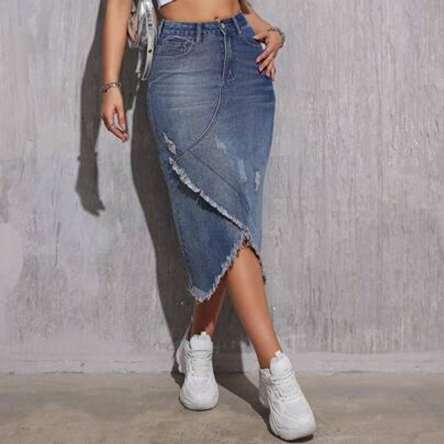 SHEIN Women&#39;s Midi Denim Skirt With Elegant Fringe And Stylish Washed Finish