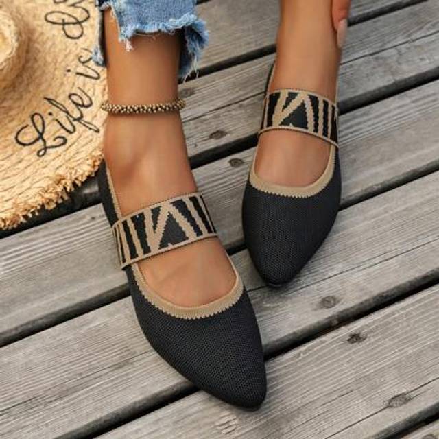 SHEIN Women&#39;s Black Woven Mesh Mary Jane Flats, Soft Breathable