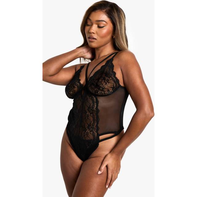 Womens Plus Black Cross Front Lace Cup Bodysuit - 28