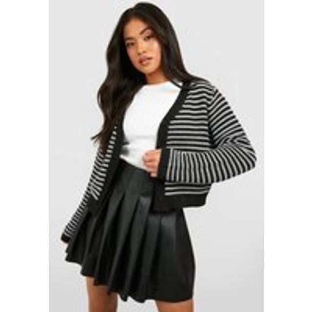 Womens Petite Stripe Cropped Cardigan - Black - M, Black