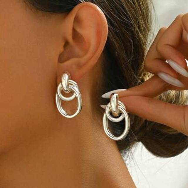 SHEIN 1pair Fashionable Silver Tone Metal Multi-Turn Knotted Design Stud Earrings For Women, Double Hoop Studs, Statement Dangling Earrings, Unique Earrings